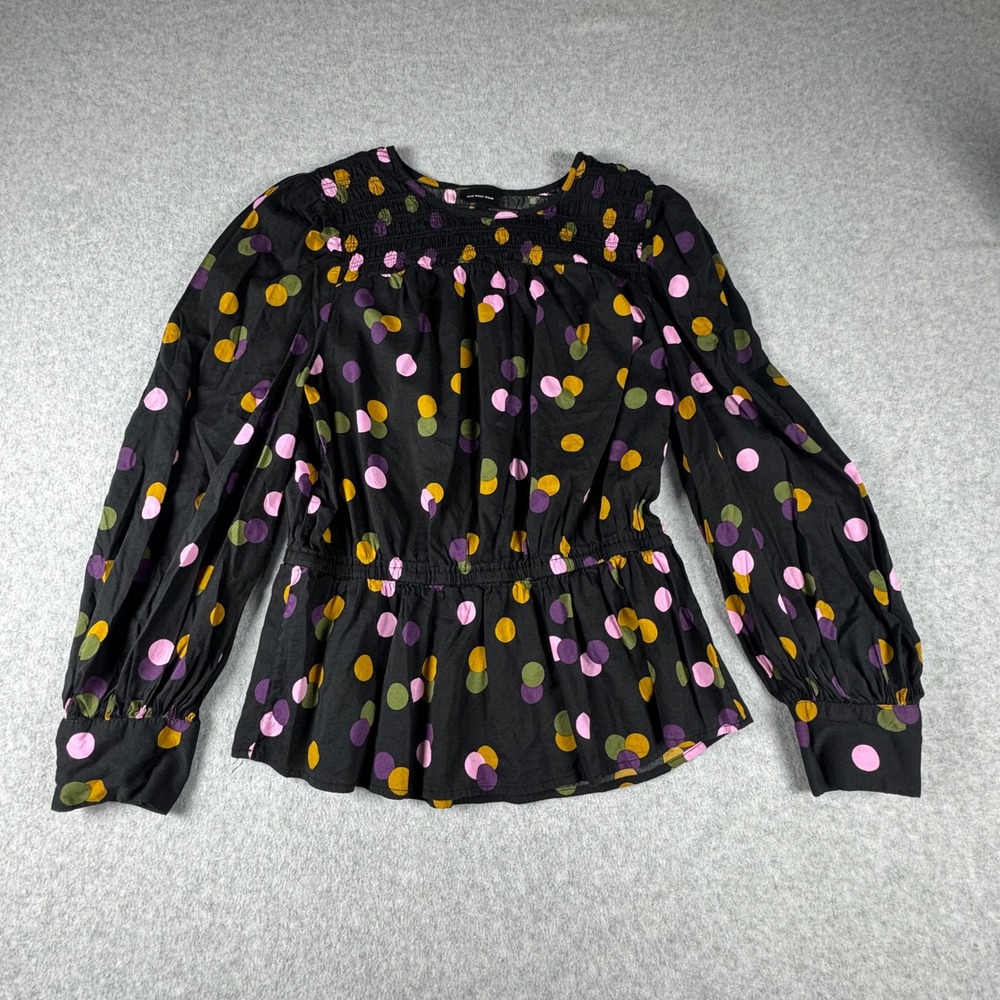 Who What Wear Polka Dot Smocked Peplum Blouse Black Pink Yellow M